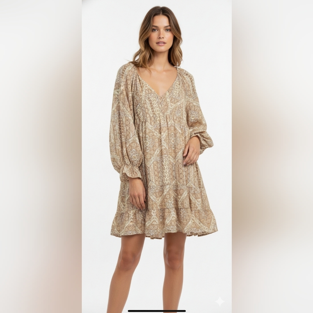 Ultra Flirt Dress Babydoll Boho Cottage Peasant Festival Tan PL